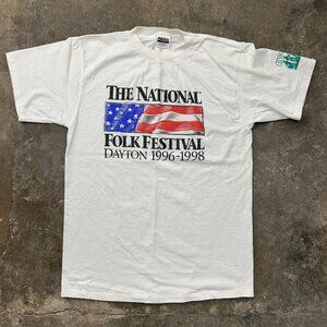 90s Vintage Folk Music Festival Graphic Tee Mens Large Short Sleeve Dayton Ohio